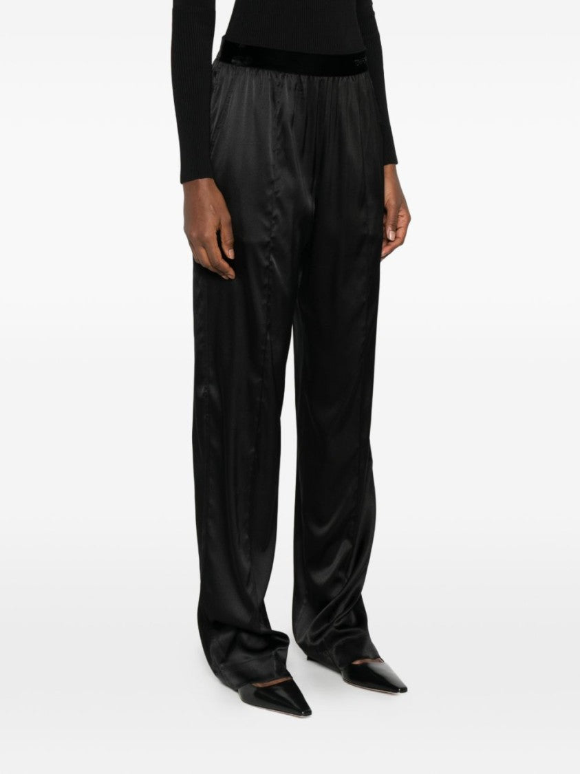Tom Ford Black Silk Velvet Waistband Straight-Leg Pants