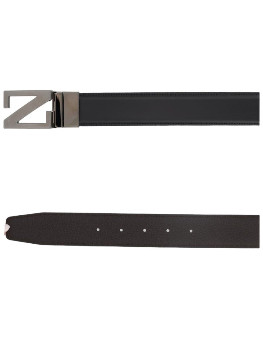 Zegna Black Leather Silver Buckle Belt