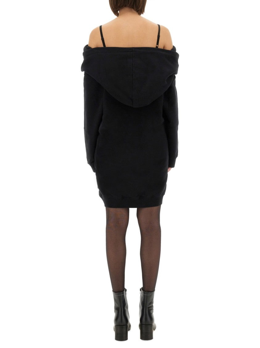 Mm6 By Maison Margiela Off-Shoulder Black Sweatshirt Dress With Cozy Hood