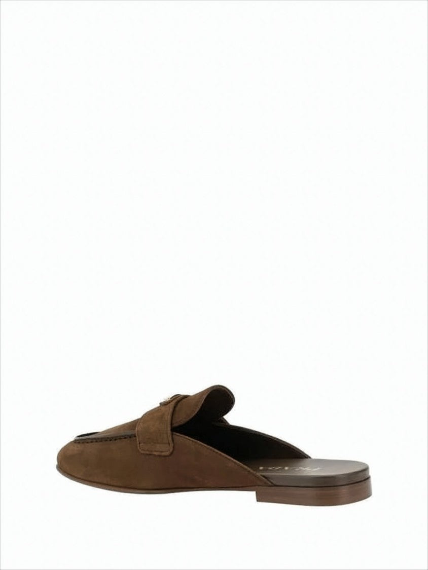 Prada Brown Suede Slip-On Flats With Metallic Emblem