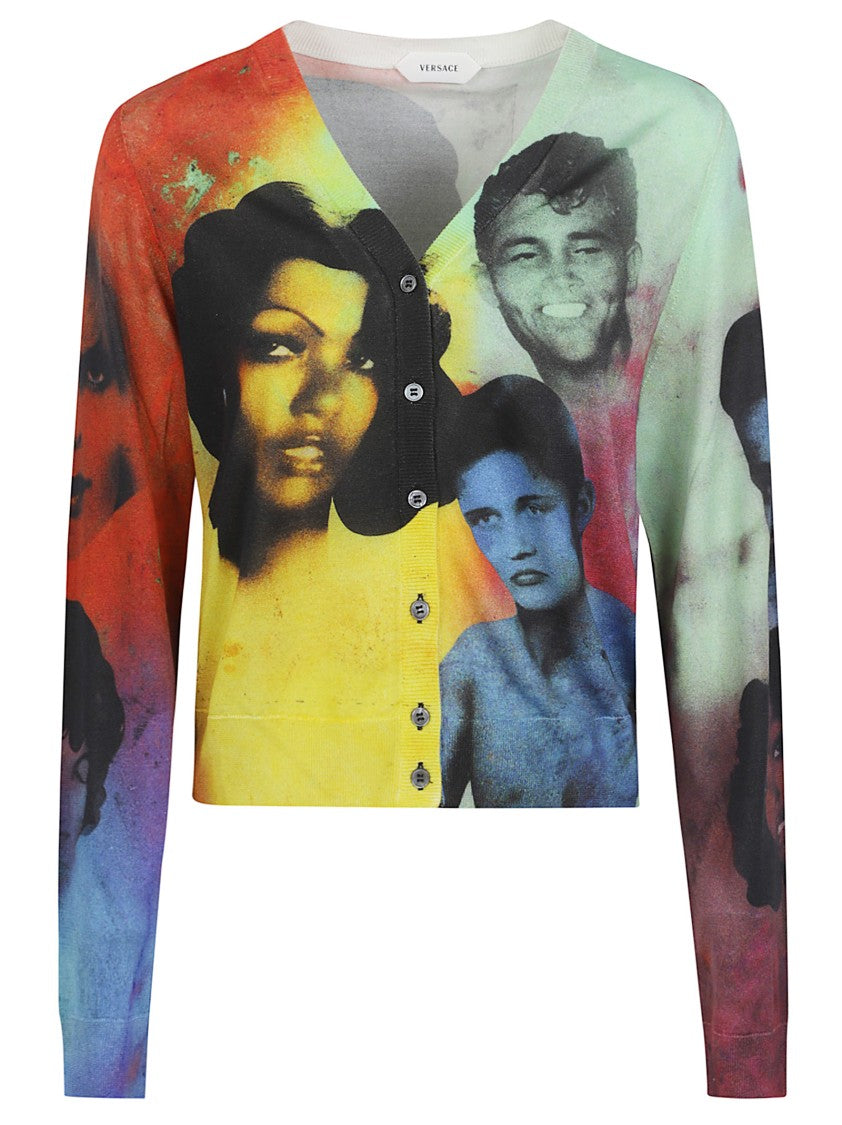 Versace Portrait Print Black Knit Sweater With V-Neck And Button Closure