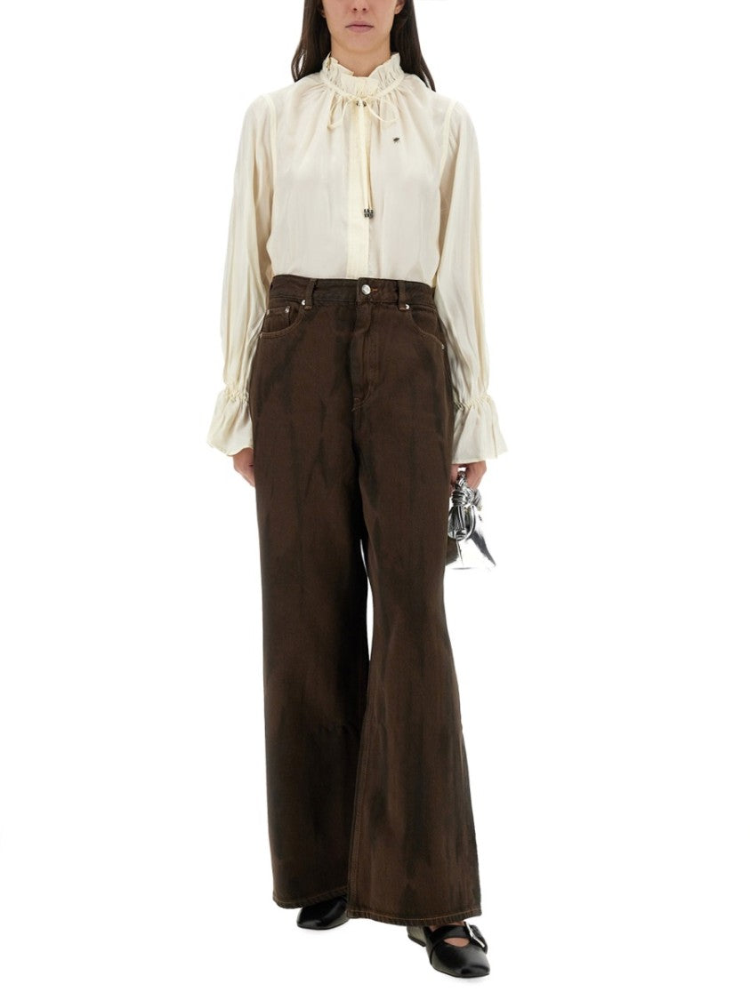 Ganni Wide-Leg Baggy Pants In Textured Organic Cotton