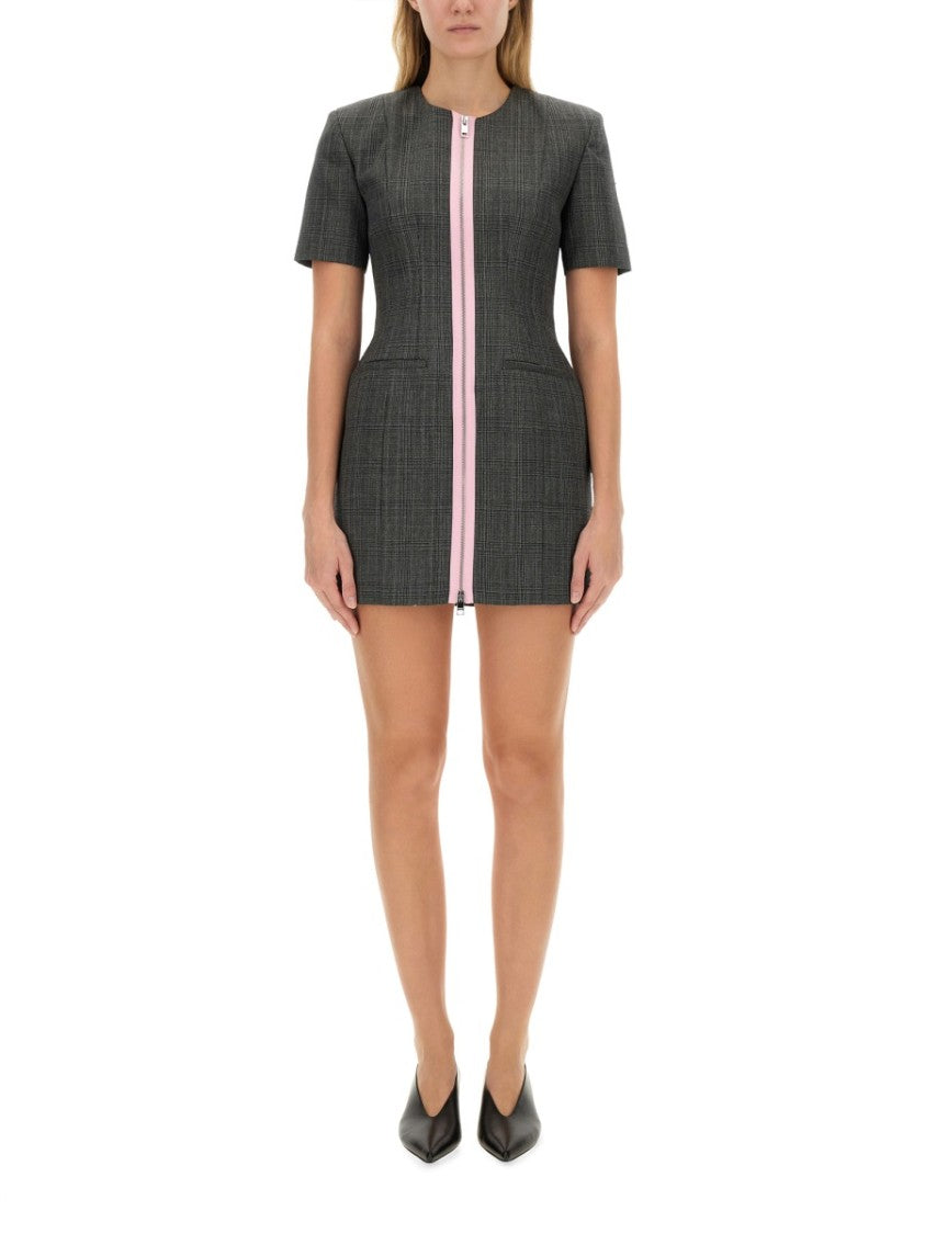 Msgm Grey Virgin Wool Dress With Contrasting Front Zipper