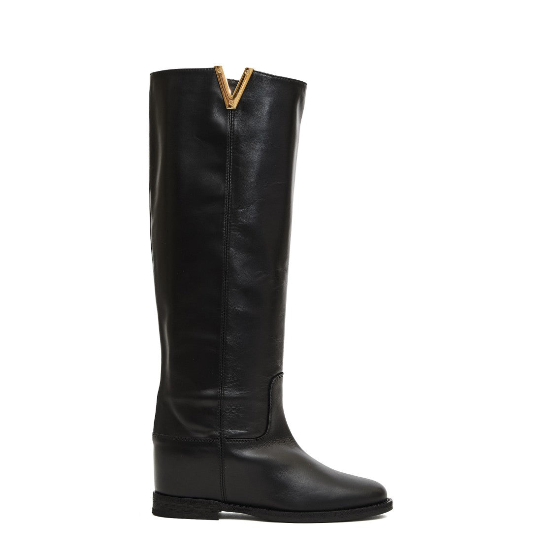 Via Roma 15 Tall Leather Boots With Gold V Accent And Wedge Heel