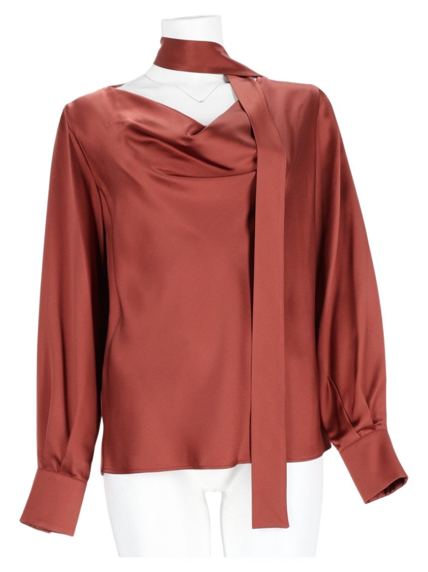Max Mara Rust Silk Draped Scarf-Neck Blouse