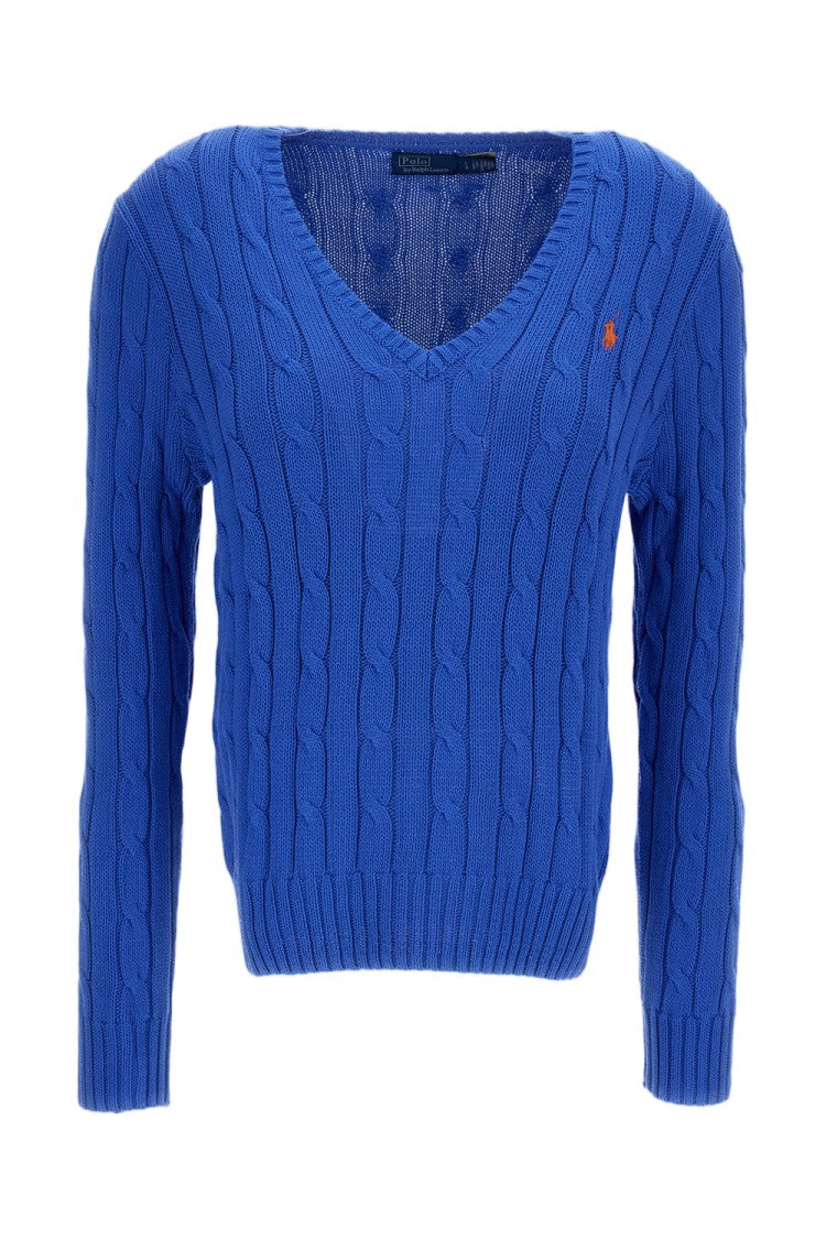 Polo Ralph Lauren V-Neck Cable Knit Sweater With Ribbed Cuffs And Signature Embroidery