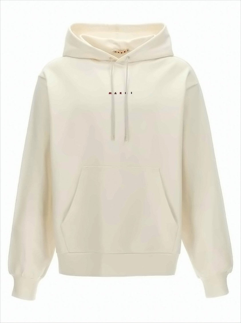 Marni Relaxed Fit Off-White Cotton Hoodie With Drawstring And Kangaroo Pocket