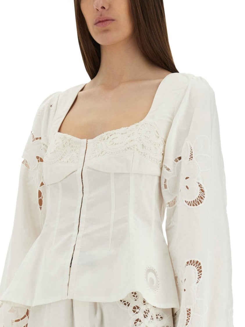 Marine Serre Fitted White Top With Square Neckline And Floral Embroidery