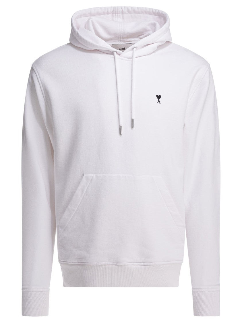 Ami Paris Cotton Hoodie With Adjustable Drawstrings And Embroidered Detail