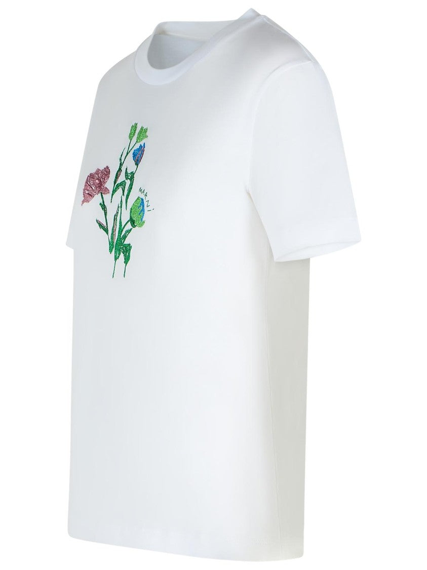 Marni Ribbed White Cotton T-Shirt With Floral Embroidery