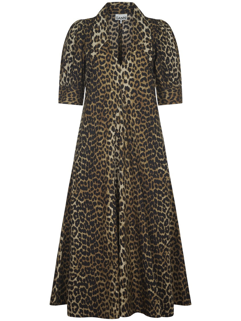 Ganni Printed Cotton Poplin V-Neck Long Dress