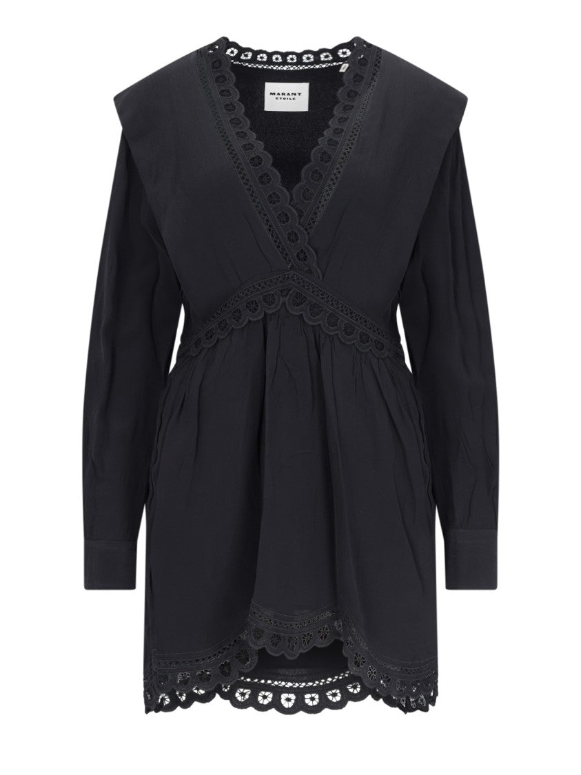 isabel marant black mini dress Liya lace-trimmed embroidered ramie mini dress - black