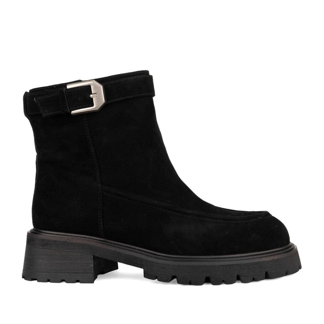 Linda Baumann Black Chunky Lug Sole Ankle Strap Suede Boots