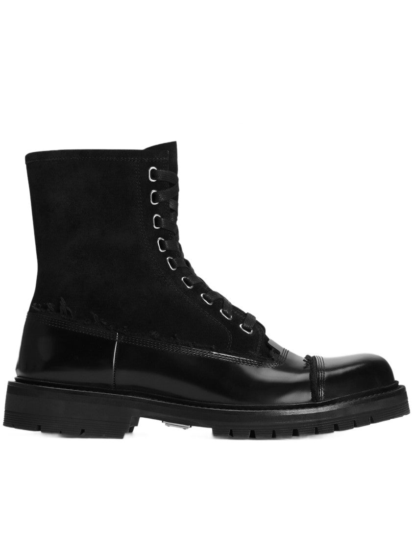Dolce & Gabbana Black Calf Leather Lace-Up Rugged Ankle Boots