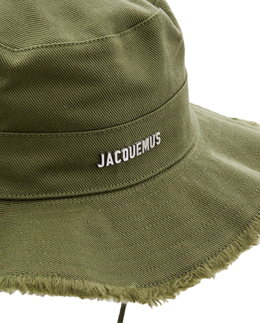 Jacquemus Green Cotton Bucket Hat With Silver Logo And Adjustable Chin Strap