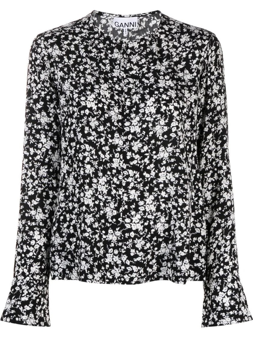 Ganni Printed Crepe O-Neck Blouse