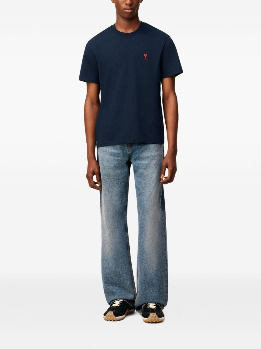 Ami Paris Navy Blue Organic Cotton T-Shirt With Embroidered Logos