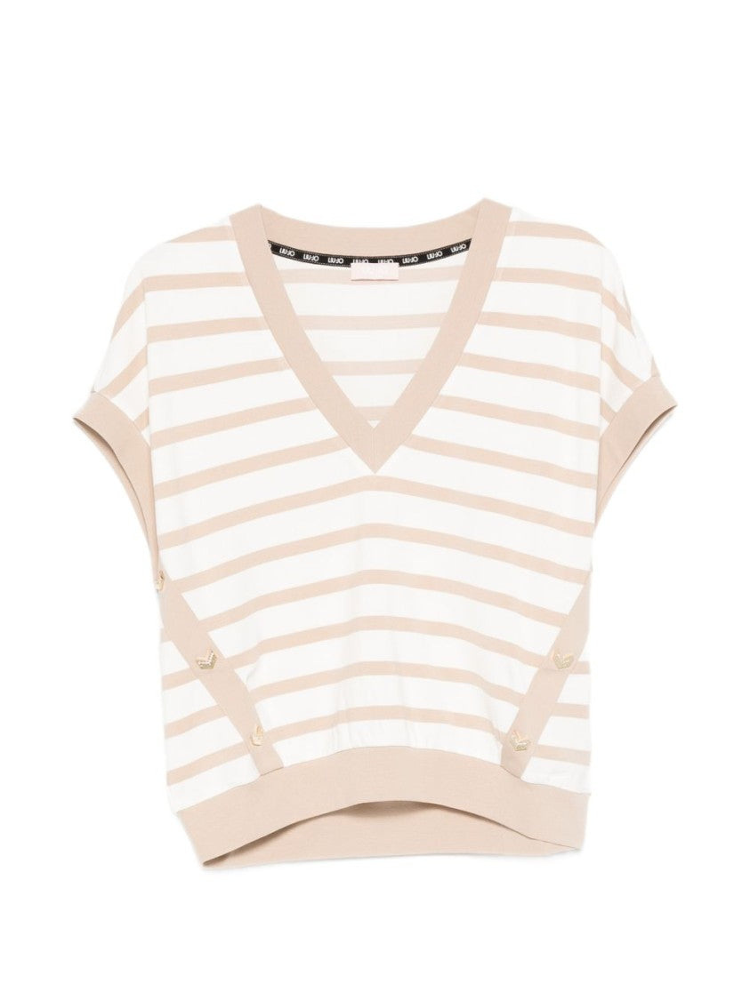 Liu Jo White Beige Striped V-Neck Sweater