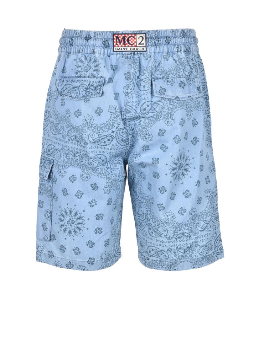 Mc2 Saint Barth Chambray Bermuda Shorts With Bandana Print And Contrast Drawstring