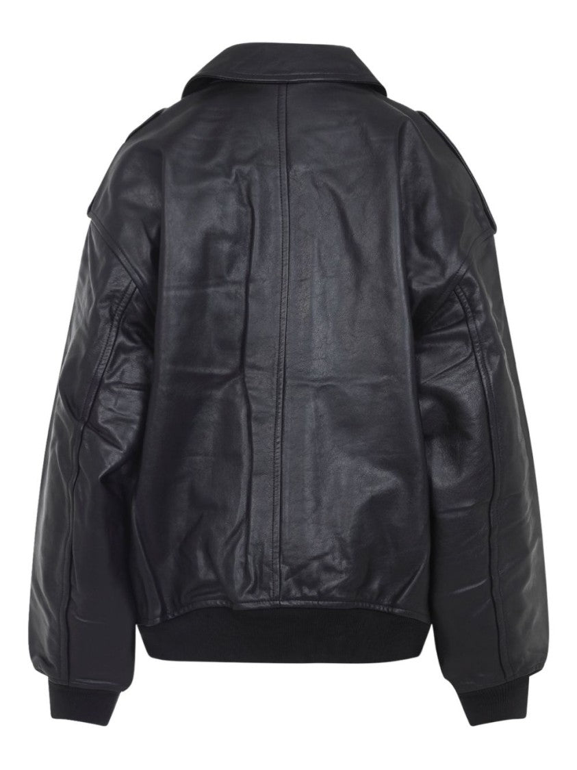 The Frankie Shop Black Viper Oversized Boxy Leather Jacket