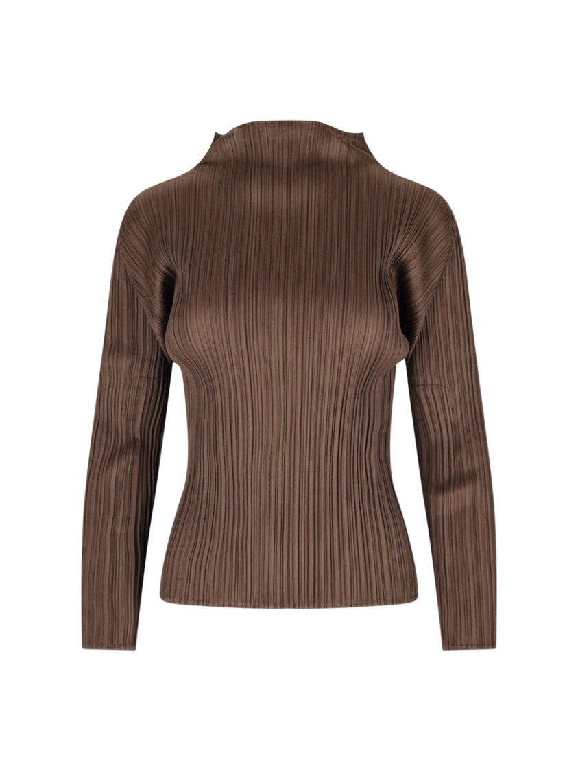 Pleats Please Top In Brown Fabric, High Neck, Long Sleeves