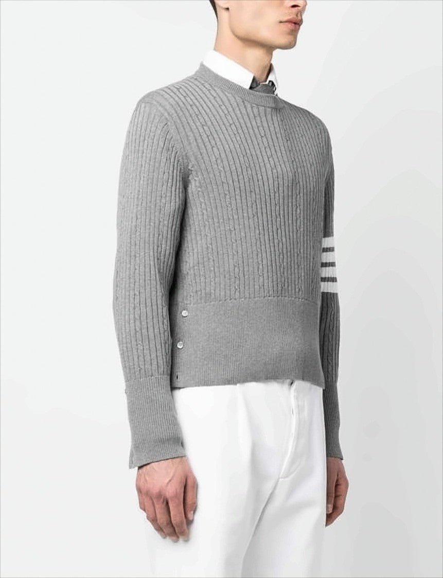 Thom Browne Ribbed Knit Grey Sweater With Distinctive Buttoned Cuffs