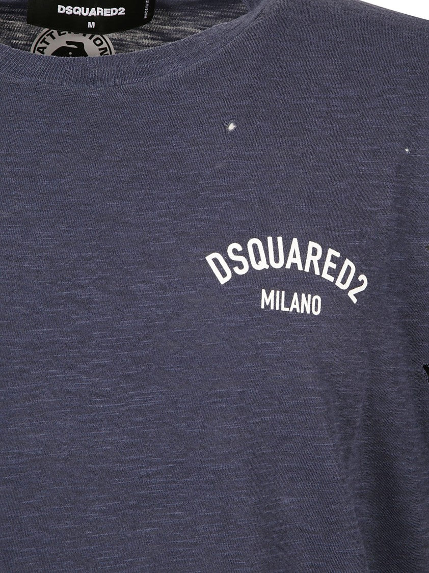 Dsquared2 Distressed Blue T-Shirt With Logo Print