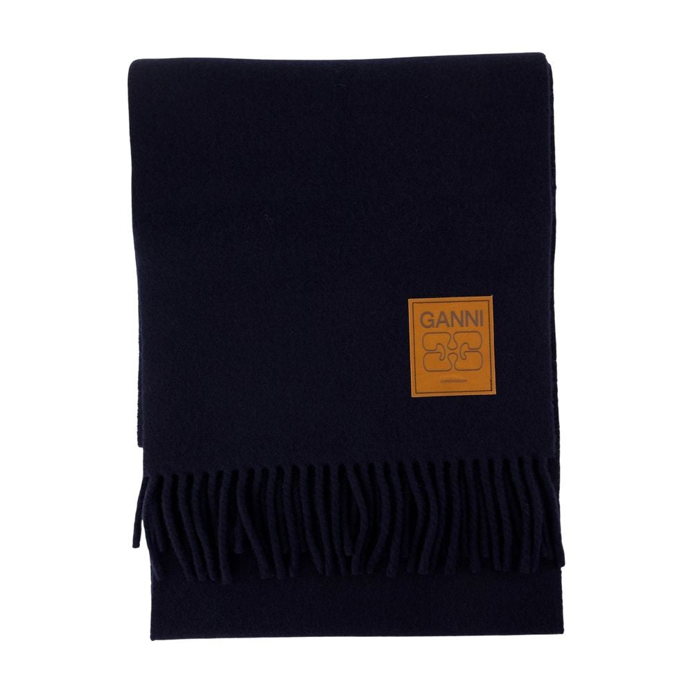 Ganni Double-Faced Wool Scarf With Fringed Ends