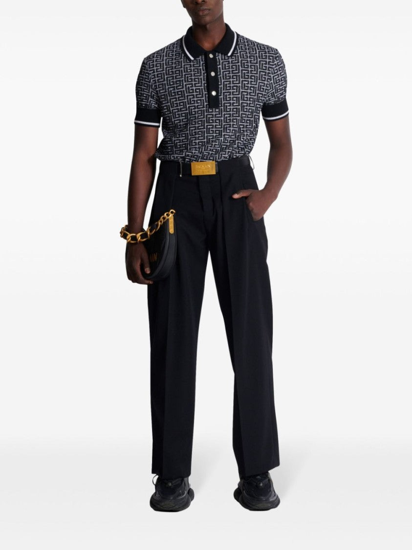 Balmain Black Merino Wool Patterned Jacquard Polo
