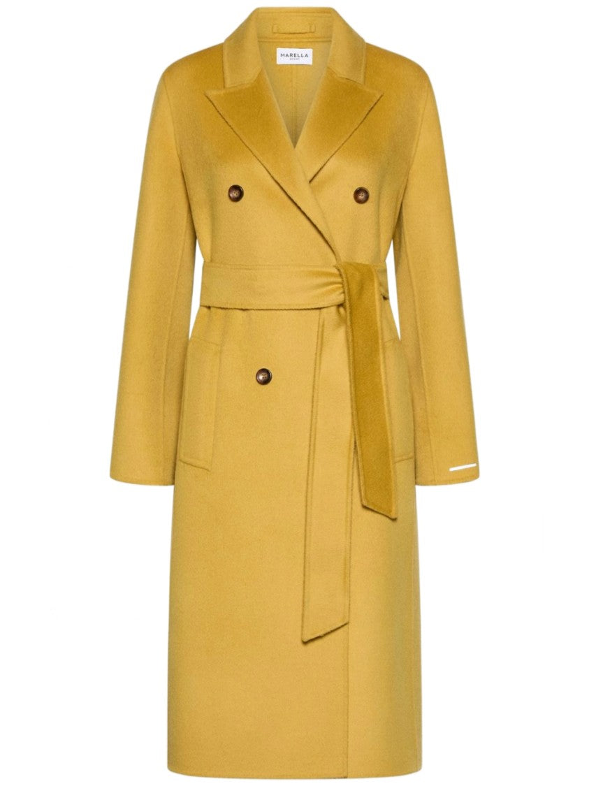 Marella Knee-Length Double-Breasted Coat With Wide Lapel And Matching Belt