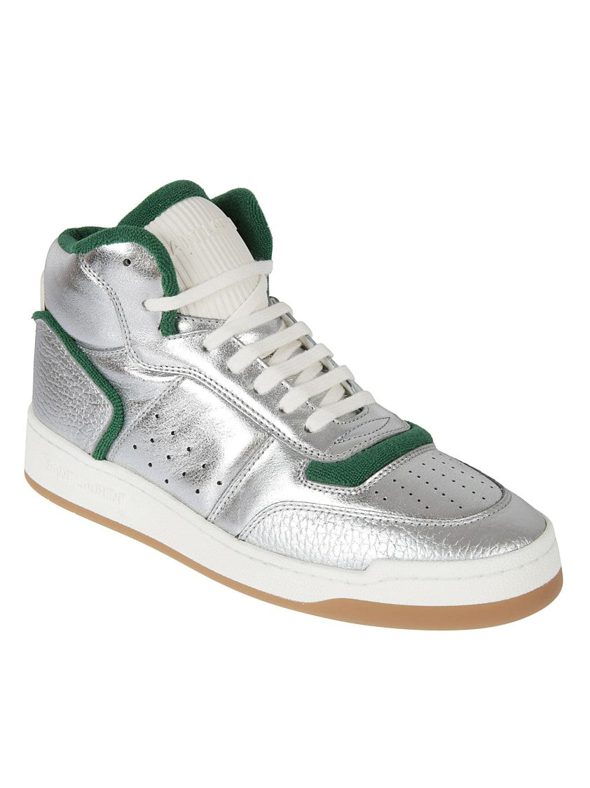 Saint Laurent High-Top Sneakers With Metallic Silver Leather