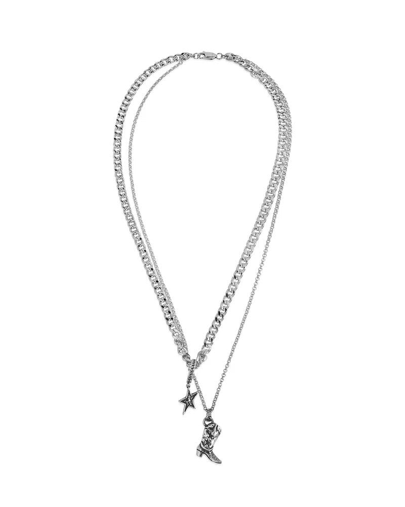 Two Jeys Bold Double Chain Necklace With Cowboy Boot And Star Pendants