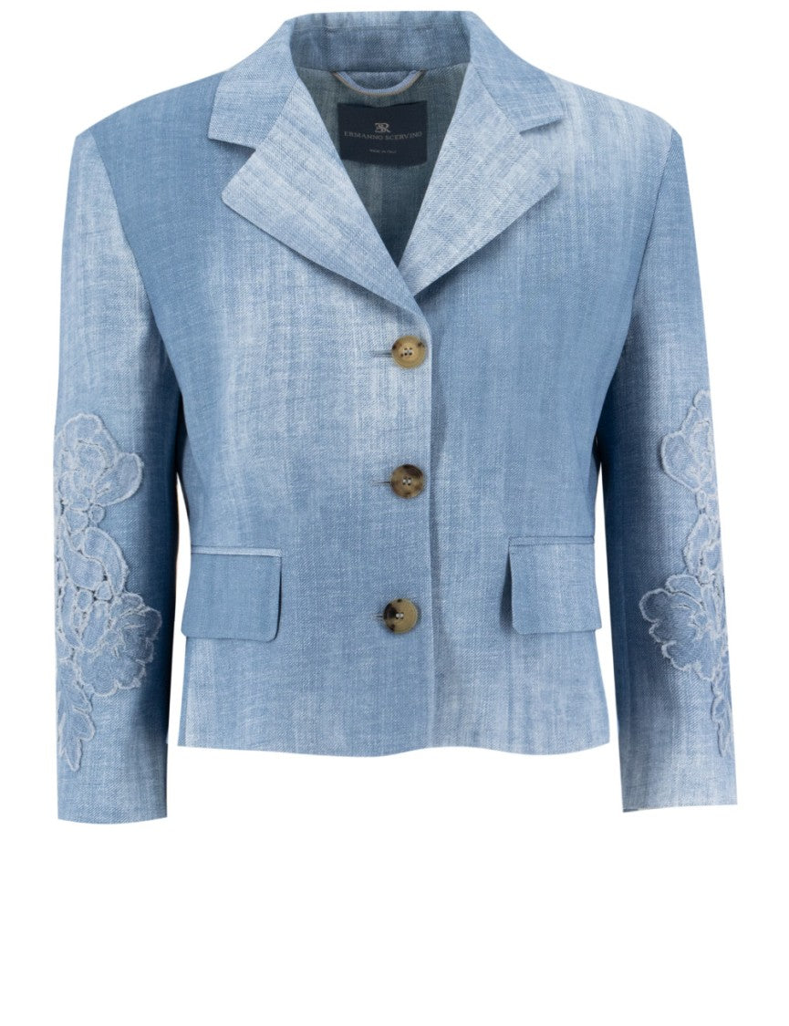 Ermanno Scervino Single Breasted Jacket With Floral Appliqués And Denim Effect