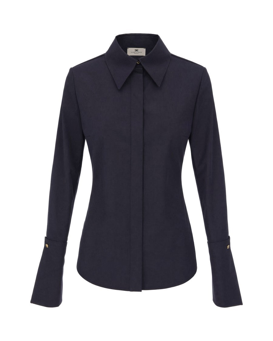 Elisabetta Franchi Navy Blue Flared Cuff Tailored Cotton Shirt