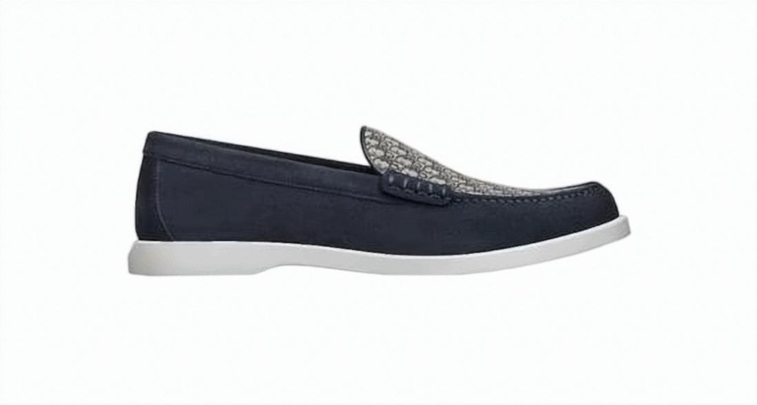 Christian Dior Navy Loafers With Patterned Fabric Panel And Contrasting Sole
