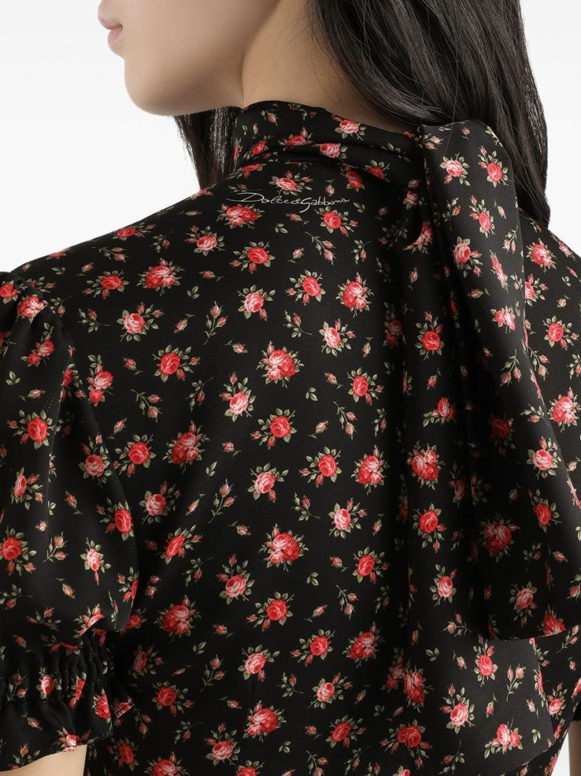 Dolce & Gabbana Black Floral Silk Blend Shirt With High Neckline And Puffed Sleeves
