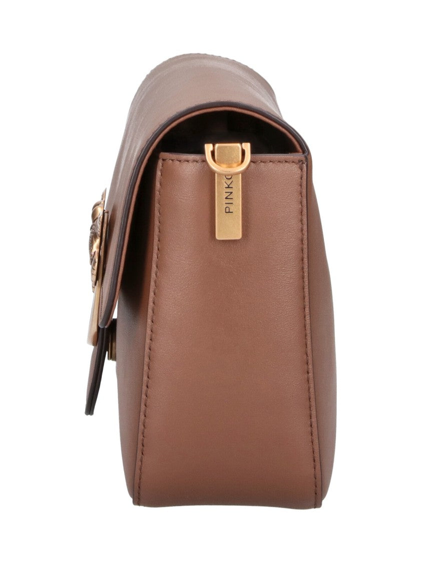 Pinko Brown Leather Love Birds Flap Shoulder Bag
