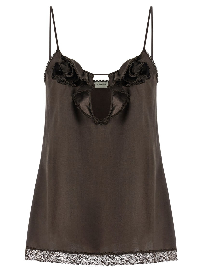 Magda Butrym Silk Top With Lace Inserts And Ruffled Neckline