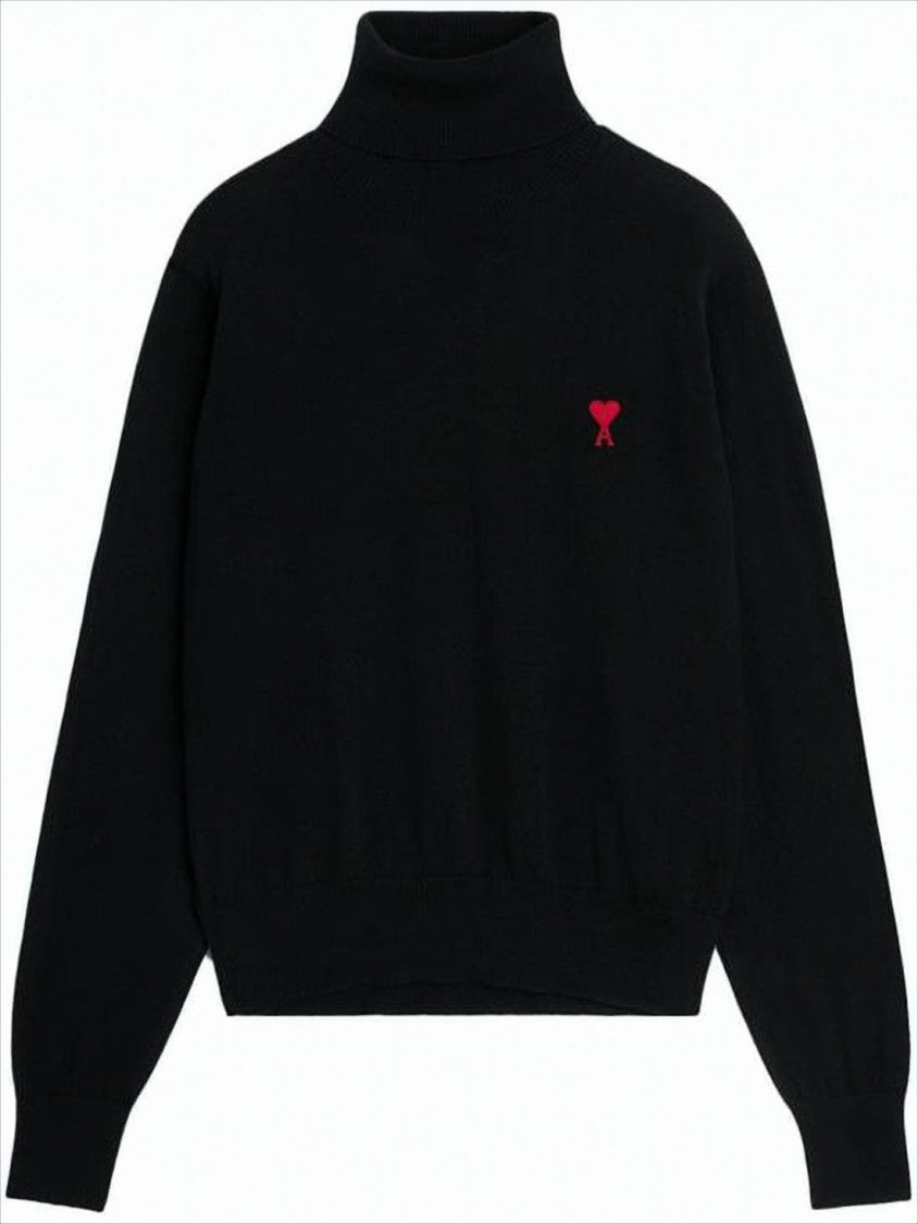 Ami Merino Wool Black Turtleneck Sweater With Heart Logo