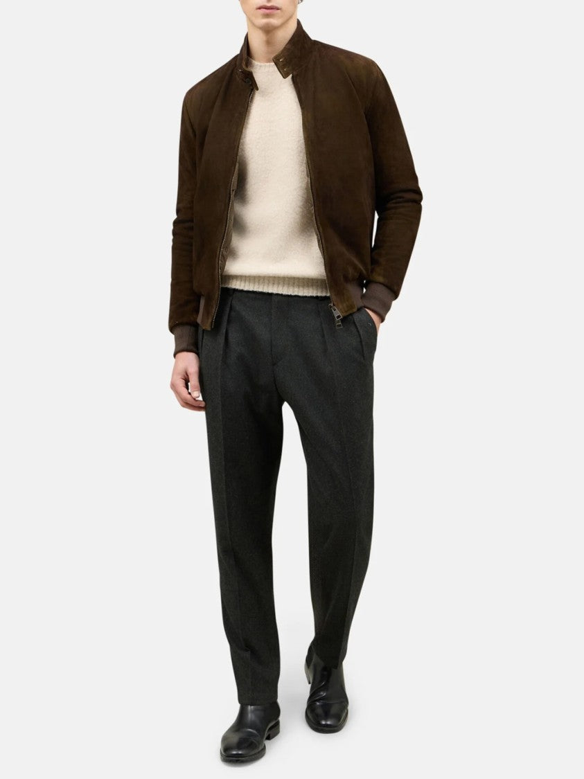 Boglioli Sleek Brown Leather Bomber Jacket With Stand Collar And Minimalist Design