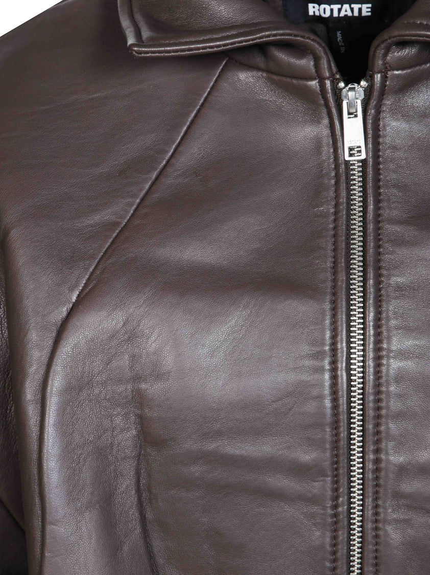Rotate Cropped Brown Bonded Lambskin Leather Jacket