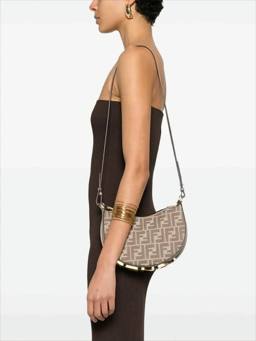 Fendi Crescent-Shaped Monogram Shoulder Bag With Leather Trim And Gold Hardware