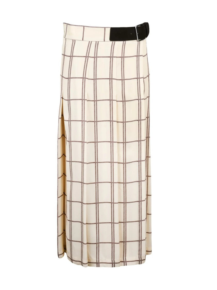 Crida Cream Long Pleated Skirt With Checkered Pattern