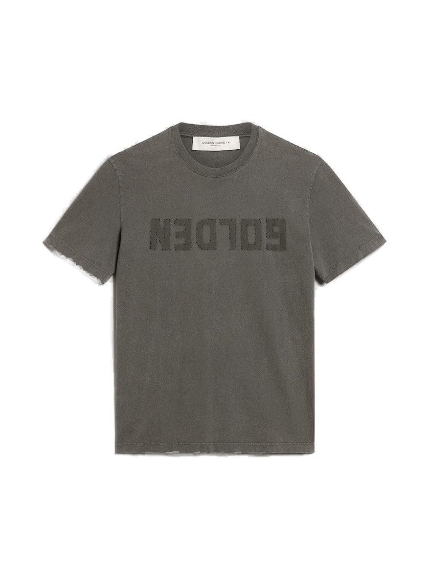 Golden Goose Distressed Logo Grey Cotton T-Shirt