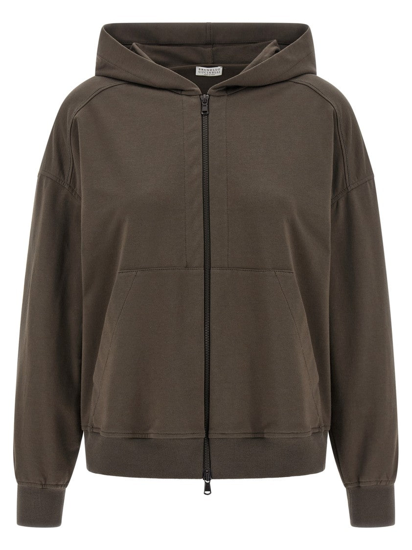 Brunello Cucinelli Brushed Cotton Hoodie With Monile Detail And Front Zip Closure