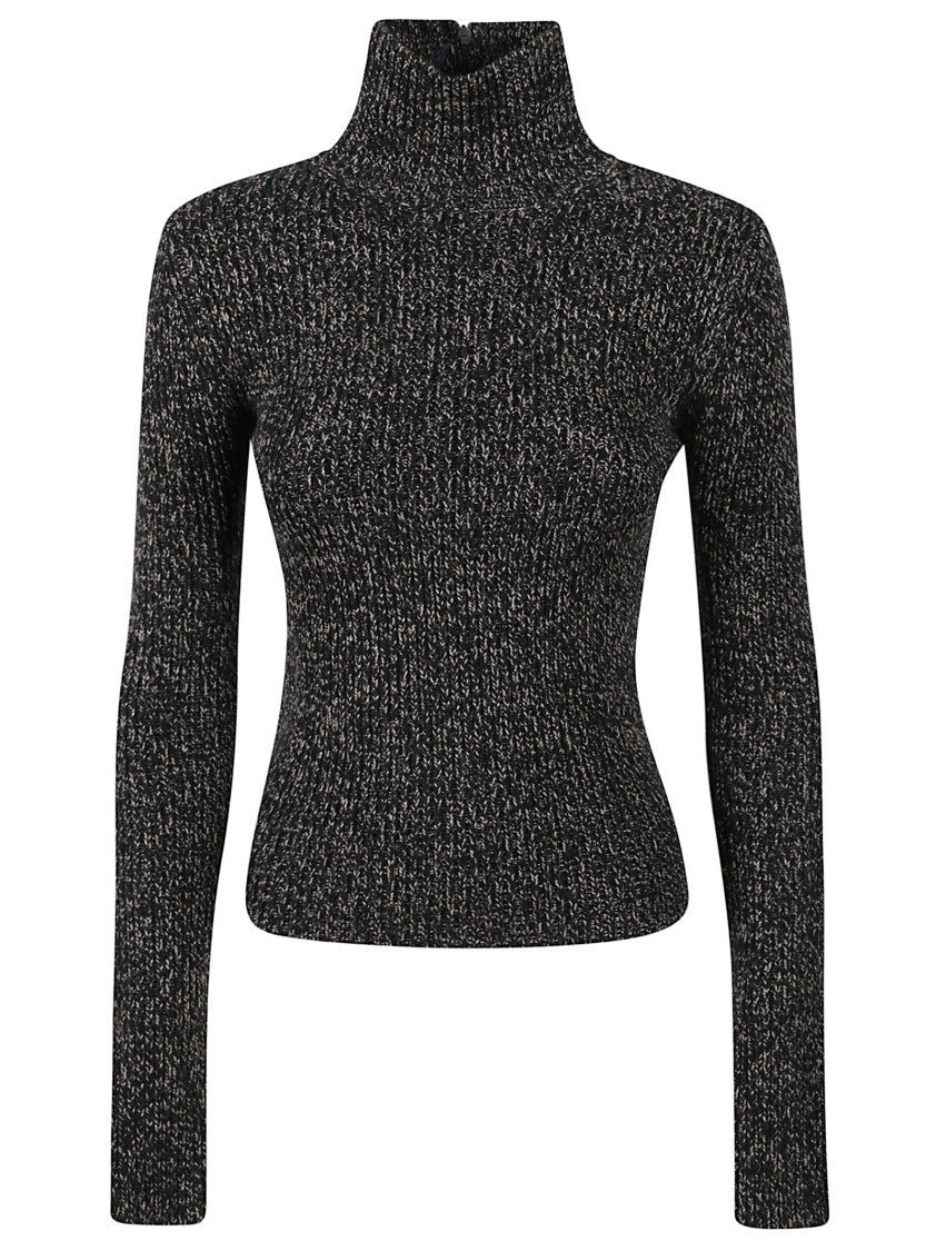 Max Mara Fitted Black Ribbed Knit Top With High Neckline