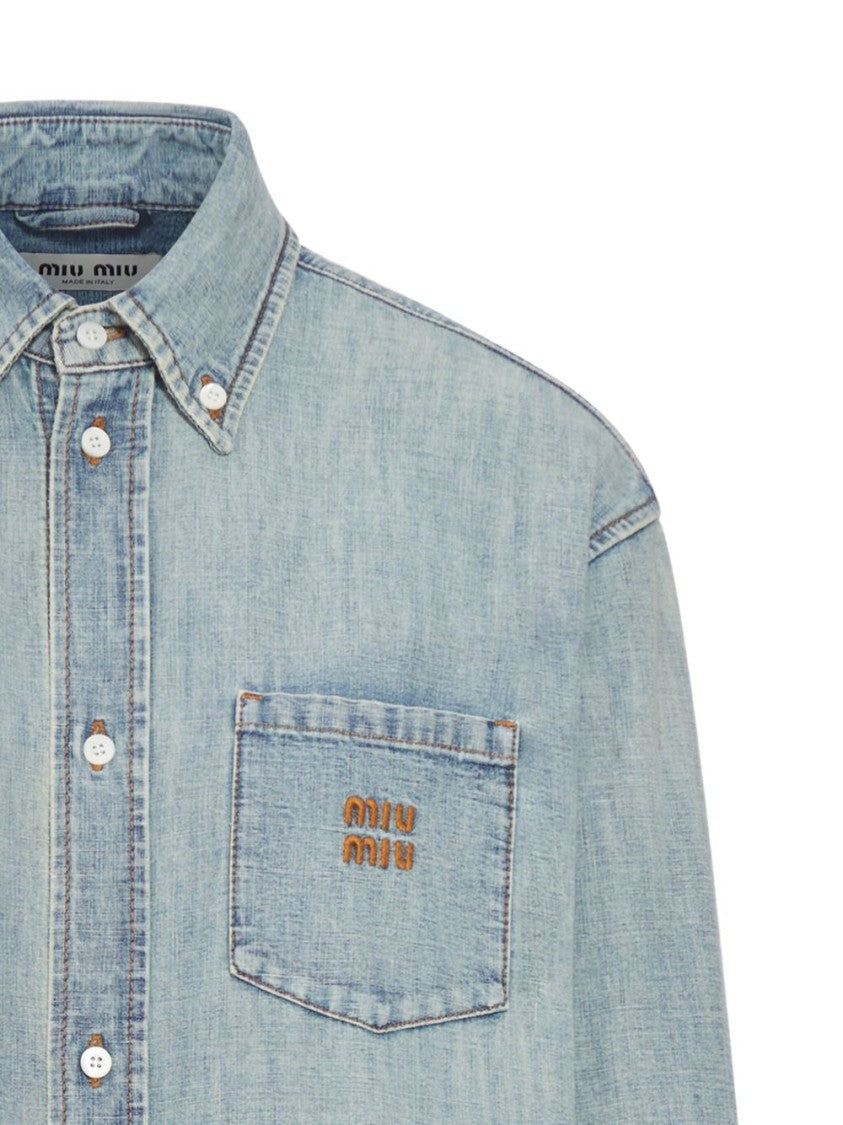 Miu Miu Stonewashed Oversized Chambray Shirt With Embroidered Detailing