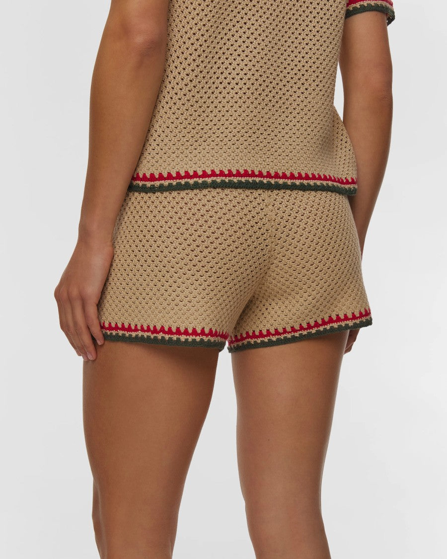 Mc2 Saint Barth Beige Crochet Knit Set With Floral Embroidery