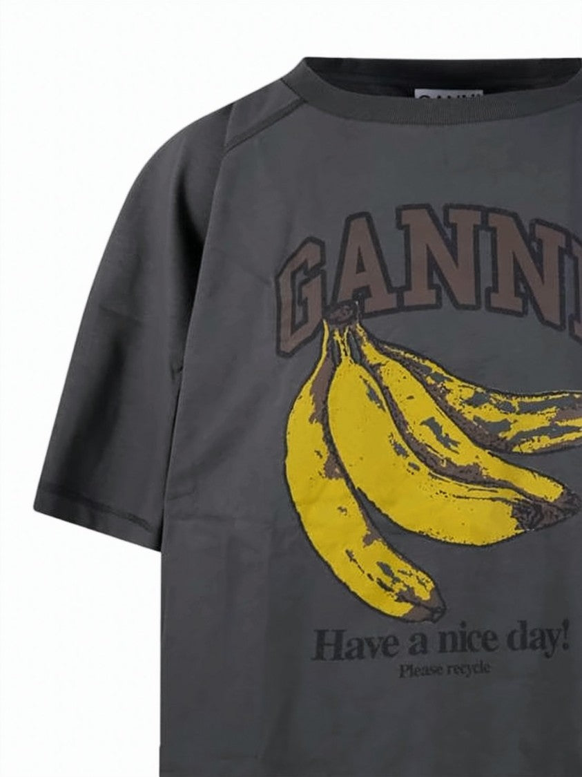 Ganni Cropped Short-Sleeve Top With Adjustable Side Ties And Graphic Print