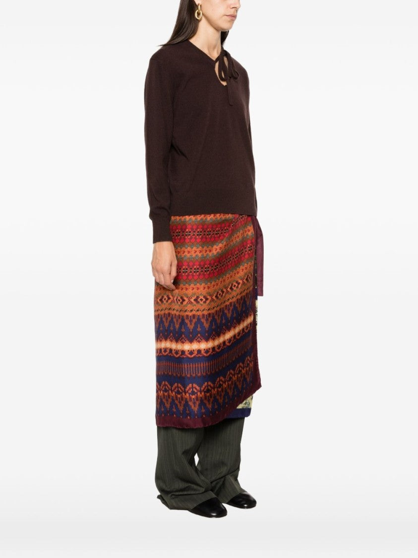 Dries Van Noten Dark Brown Ruffled V-Neck Knit Sweater